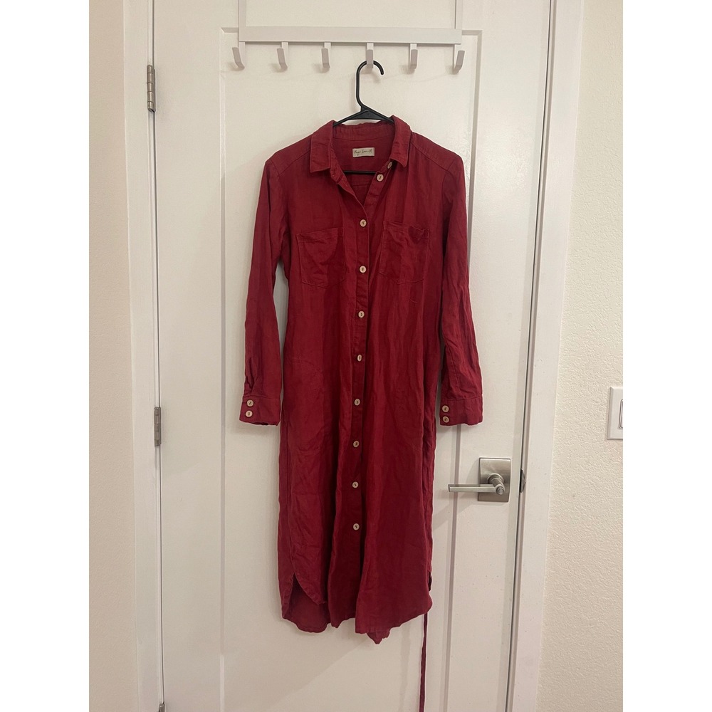 Magic Linen Linen Red Button Front Dress Luxury Euro Collared‎ Summer Breathable